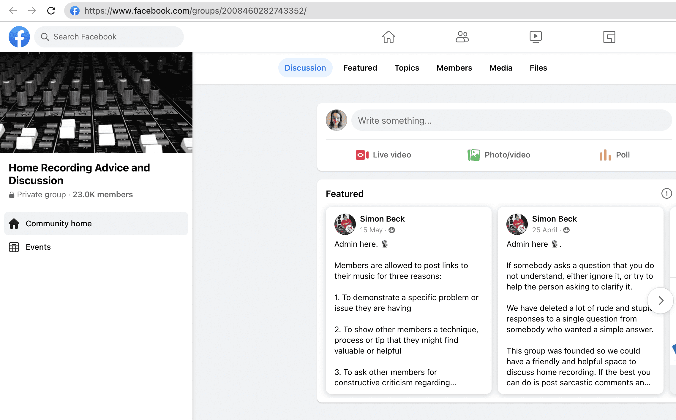 A screenshot of the Home Recording Advice and Discussion Facebook group.