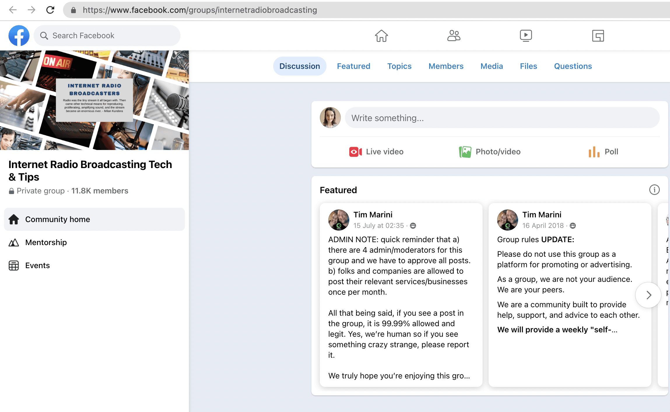 A screenshot of the Internet Radio Broadcasting Tech & Tips Facebook group.