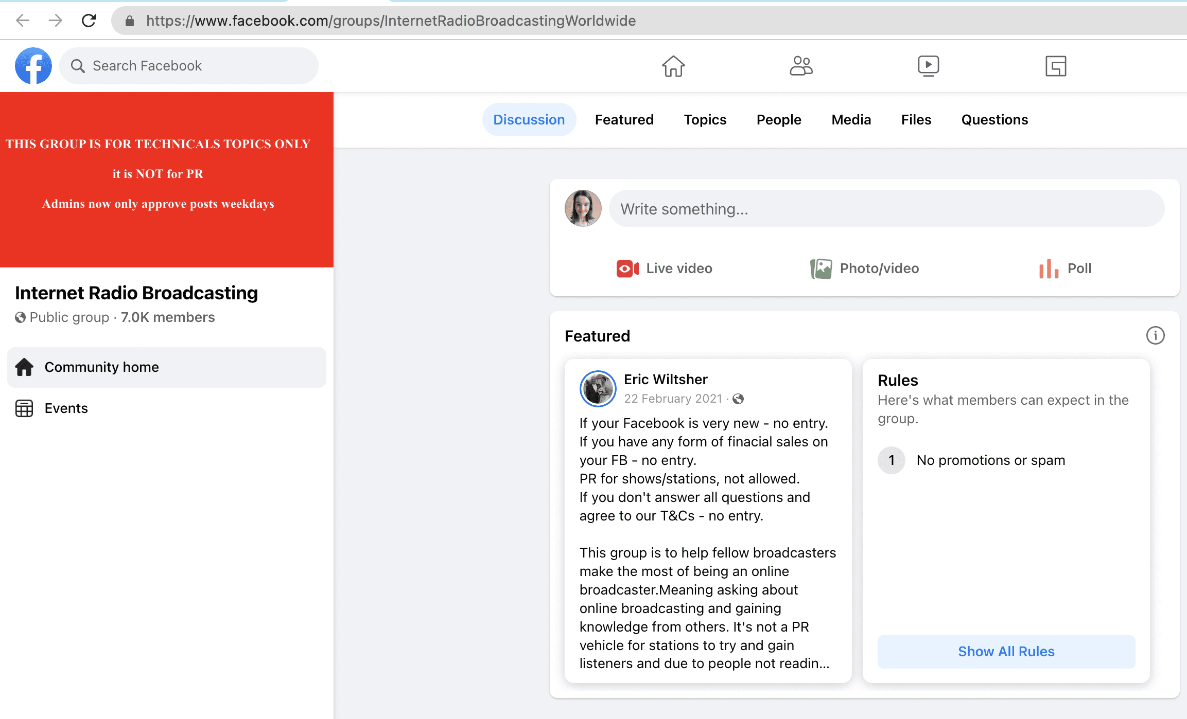 A screenshot of the Internet Radio Broadcasting Facebook Group.