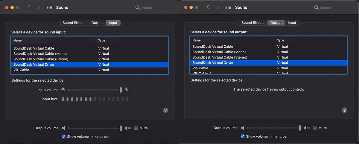 Image showing the Mac Sound Preferences. The SoundDesk Virtual Driver has been selected at both the input and output.