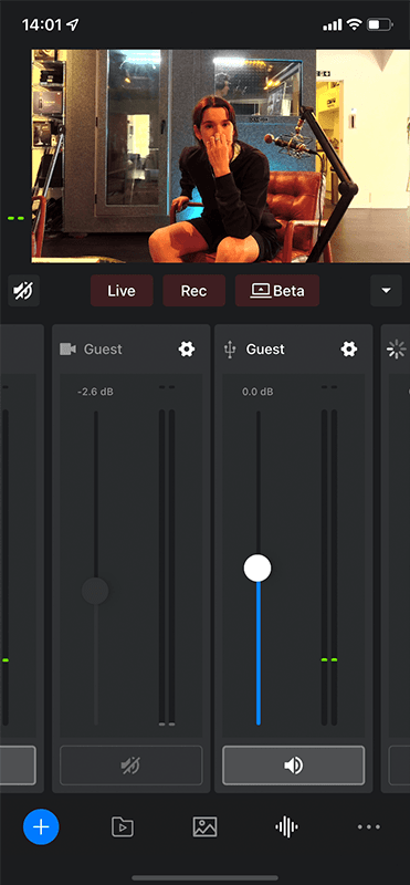 A screenshot of the Mevo Multicam app showing the internal microphone muted.