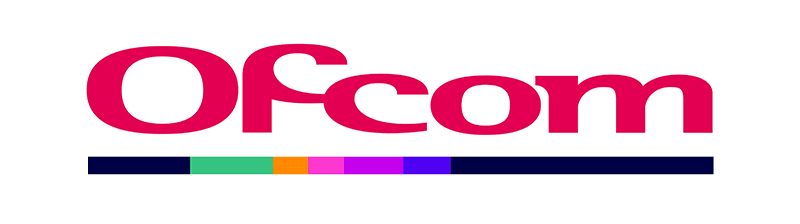 Image shows the Ofcom logo. The word 'Ofcom' is in a red font, with a multicoloured strip underlining it. The background is white.