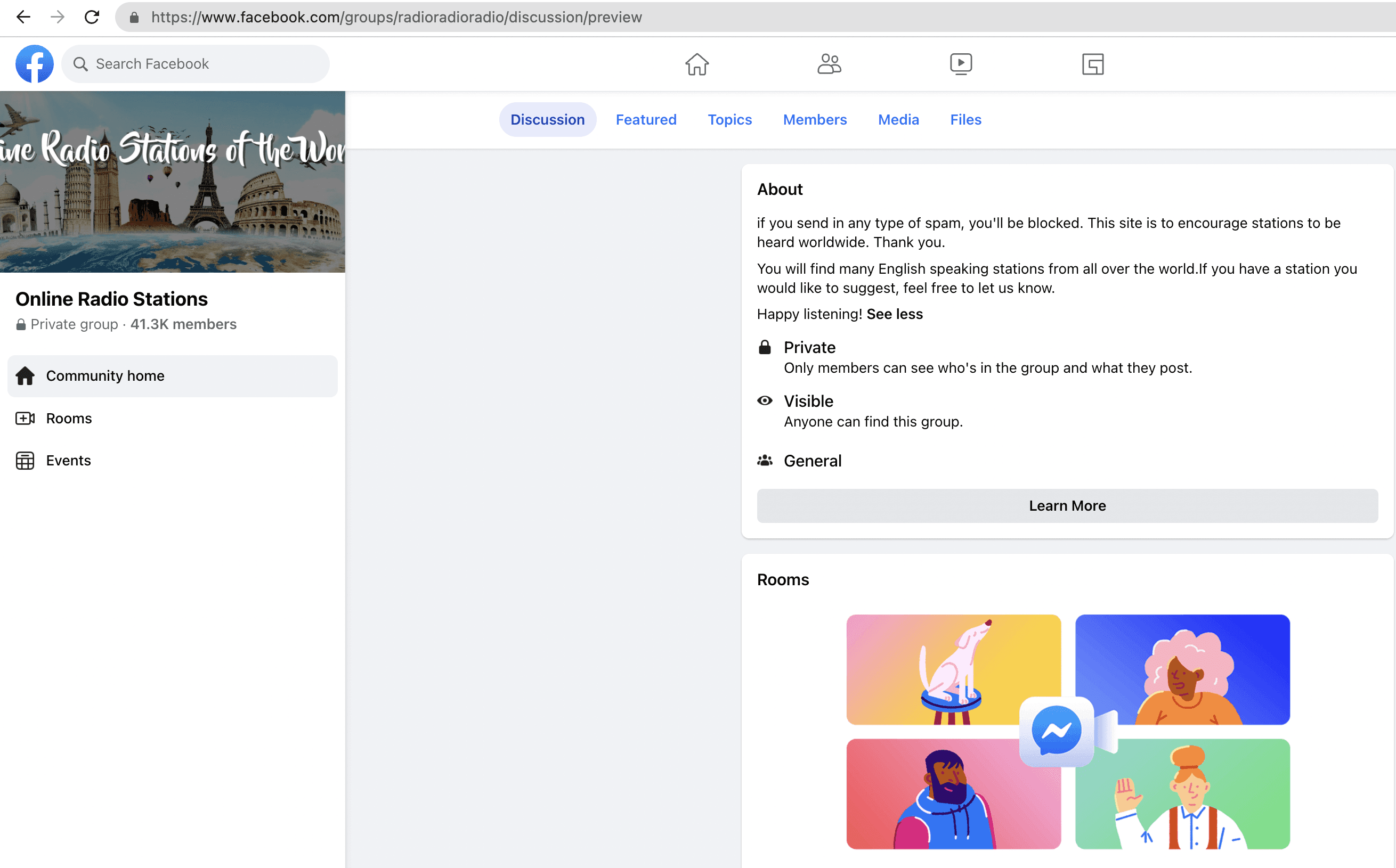A screenshot of the Online Radio Stations Facebook group.