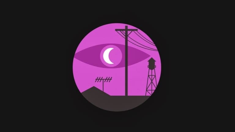 Image shows the illustration for the book, Welcome To Night Vale. A purple circle contains an eye, as well as a radio transmitter, an aerial and phone lines. This purple circle is set against a black background.