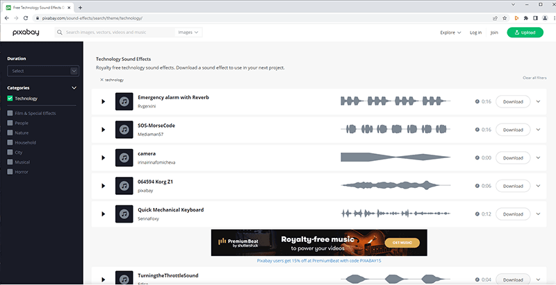 A screenshot of the sound effects tab of the pixabay website, showing named sound effects with their duration, waveform and options to download.