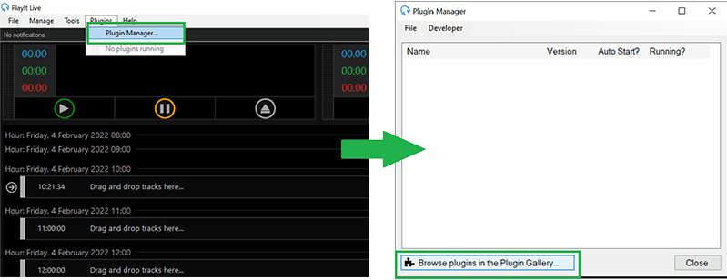 The PlayIt Live toolbar and plugin manager window.