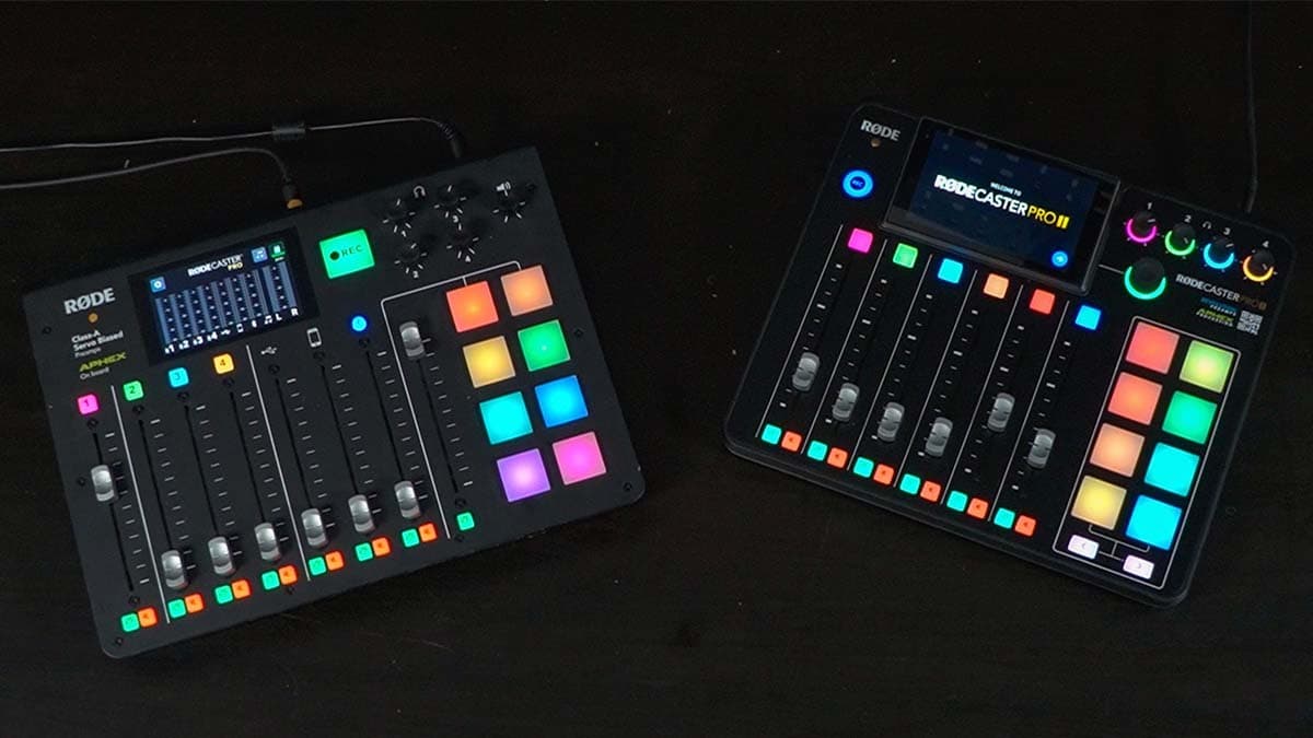 The RODECaster Pro and the RODECaster Pro II side by side, taken from above.
