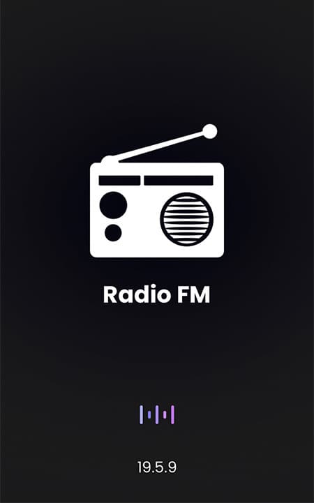 A black background and a white illustration of a transistor radio.. In white text below reads: Radio FM.