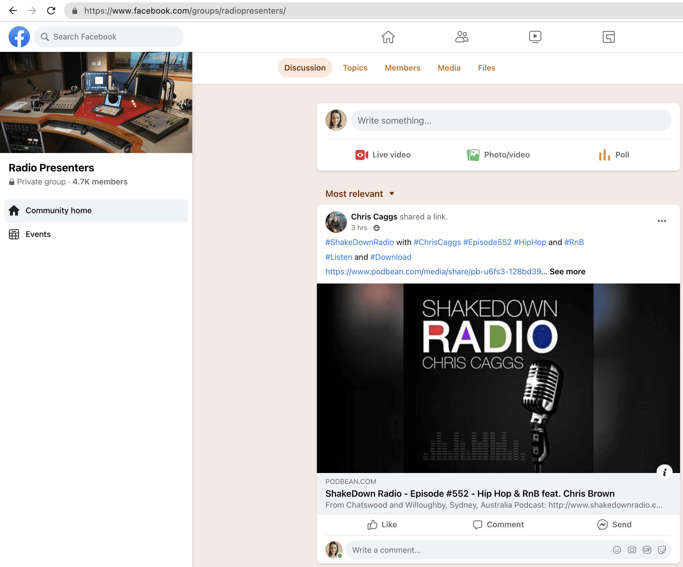 A screenshot of the Radio Presenters Facebook group.