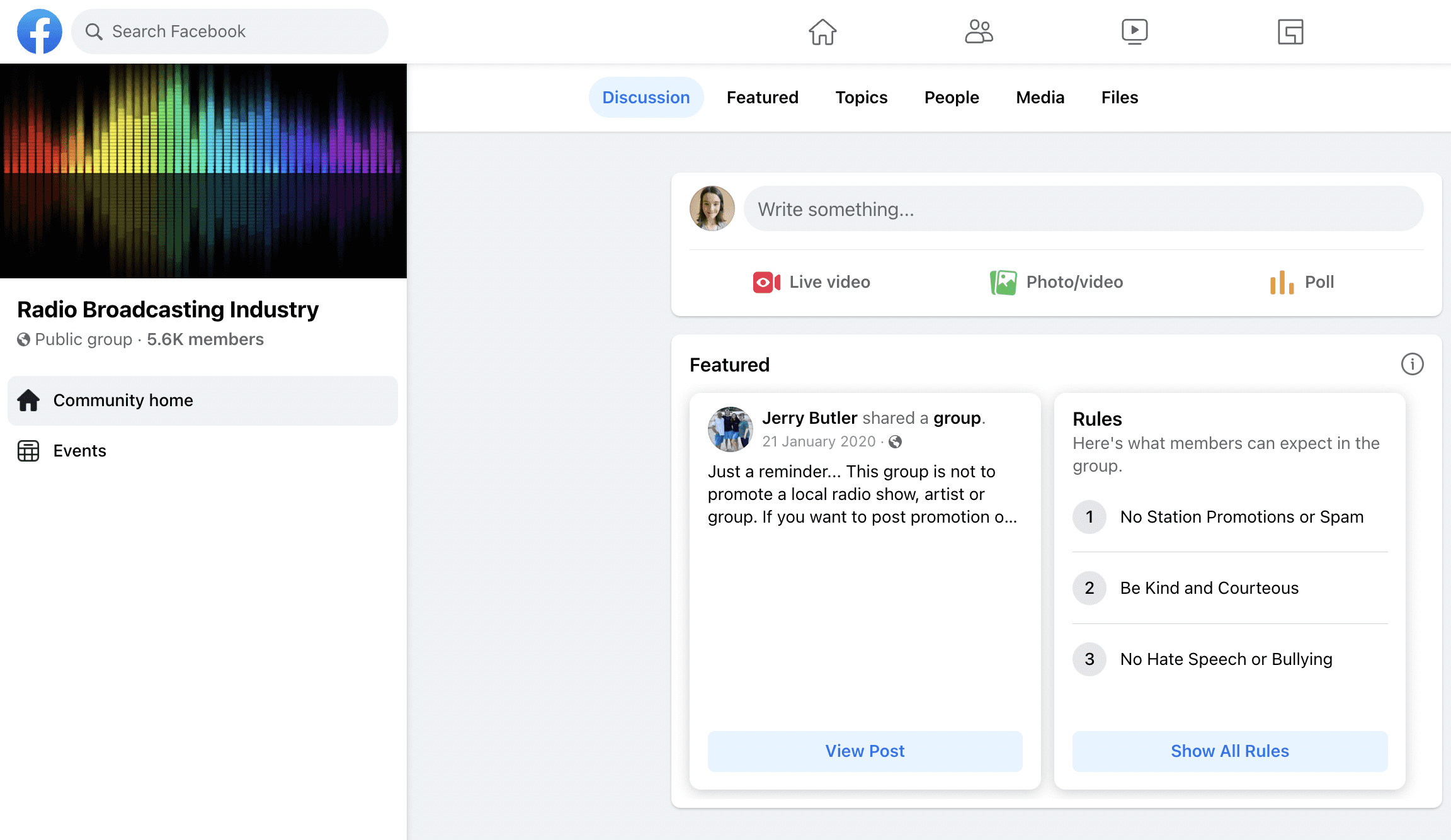 A screenshot of the Radio Broadcasting Industry Facebook group.