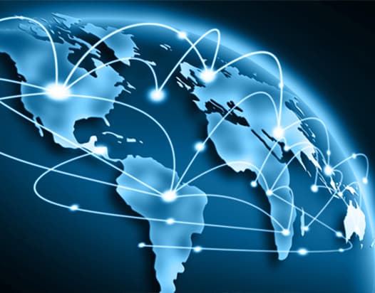 A blue graphic design of the globe with connecting lines across different countries