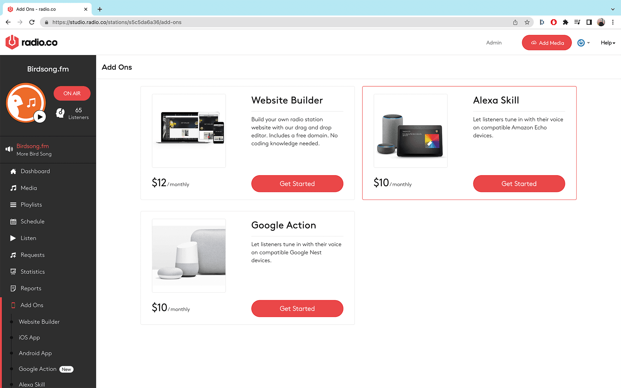 The add-on features in the Radio.co dashboard.