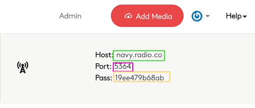 A screenshot showing some example live broadcasting settings from the Radio.co dashboard. Image shows the host, port and pass keys which are highlighted with a green, pink and yellow box respectively.
