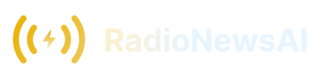 The RadioNews AI logo on a white background. It has an icon of 4 curved lines, arranged vertically in a circle shape, that are surrounding a small lightning bolt. To the left it has the words RadioNews AI. The colours are a spectrum of golden-yellow to pale blue, running from left to right.
