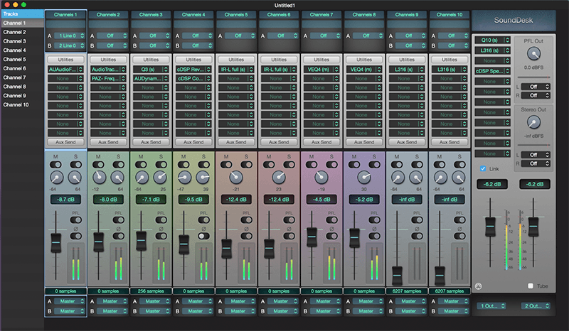 A screenshot of SoundDesk mixer with 10 channels, 8 of which have an audio signal.