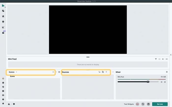 The default view of streamlabs with the Scenes and Sources sections highlighted.