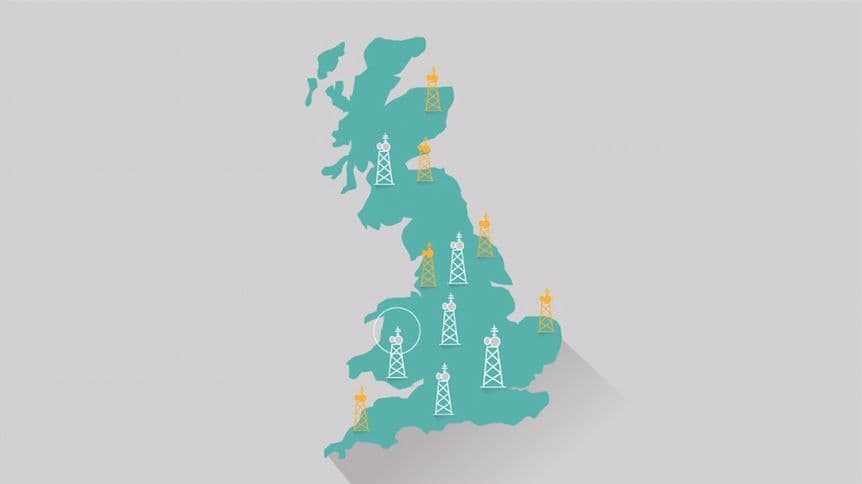 Image shows a illustration of Scotland, England & Wales with white and yellow transmitters across the map.