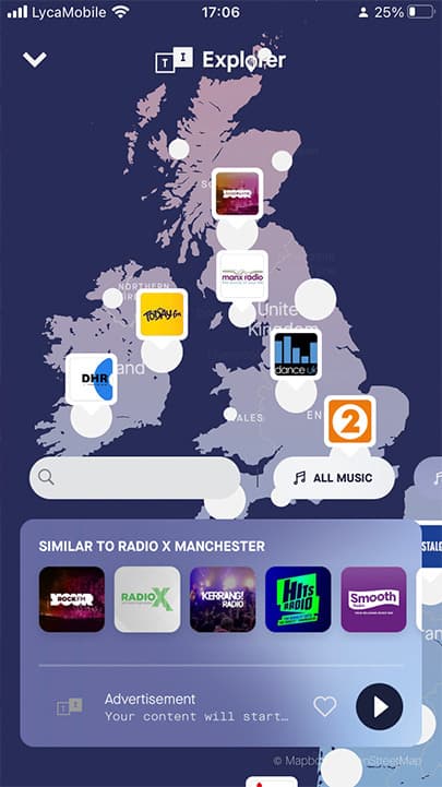 A illustrated map of the UK against, with circles depicting clusters of radio stations across the map. At the bottom of the screen is a search bar, some recommended stations and a play button.
