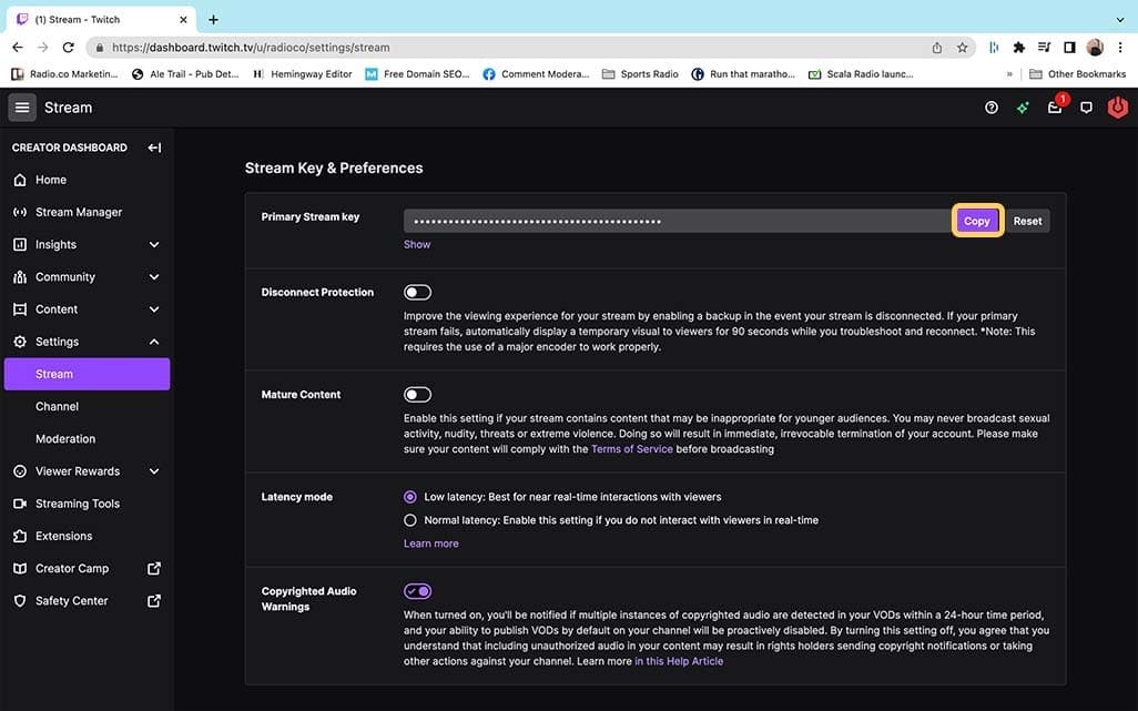 The stream settings in twitch, found under the 'Creator Platform'.