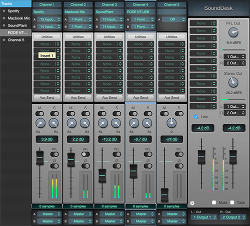 A screenshot of the Sound Desk, virtual mixing desk. It's a 5 channel and master display, showing audio signals on 4 channels.