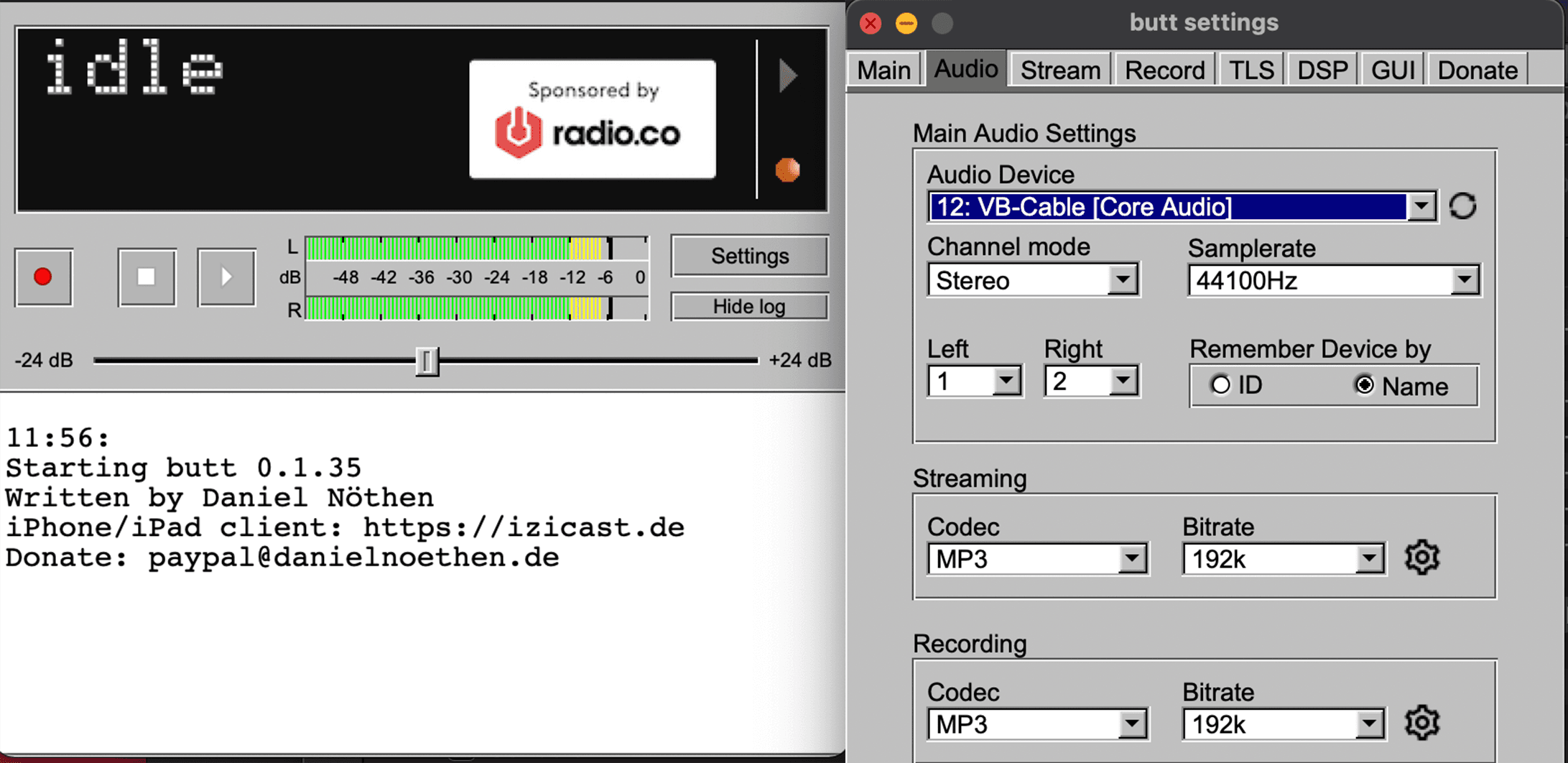 A screenshot showing the BUTT broadcasting panel and the BUTT Settings window. In the settings Window, the virtual audio cable has been selected as an input.