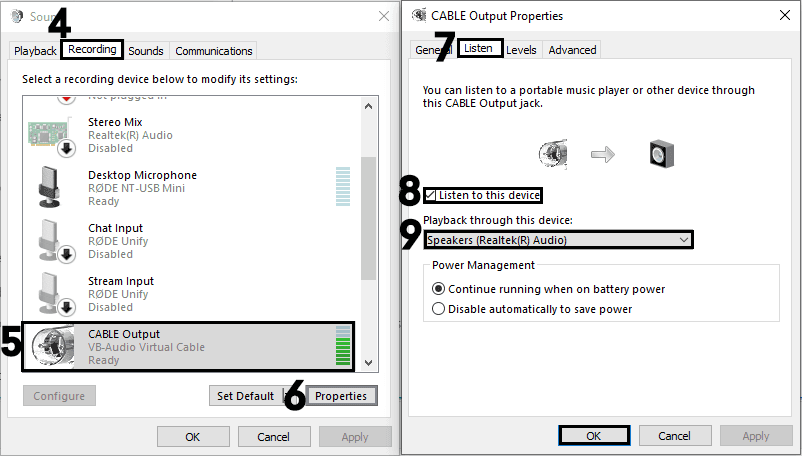 Two screenshots showing how to change the properties of your recording (aka output) device in Windows, so you can listen to it.