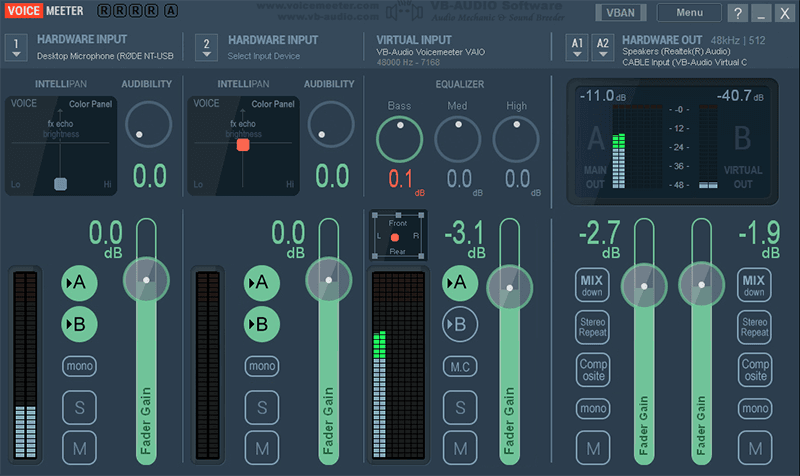 The Voicemeeter virtual mixer window, showing virtual channels and faders.