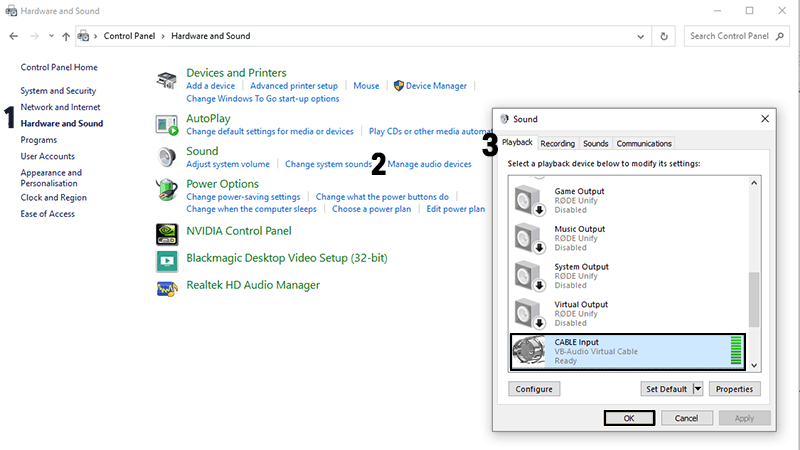 A screenshot showing where sound settings can be found within Windows.