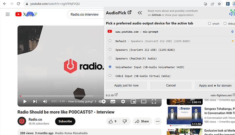A screengrab showing the Audio Pick extension in Google Chrome.