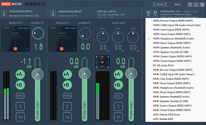 A screengrab showing the dropdown of output options in Voicemeeter.