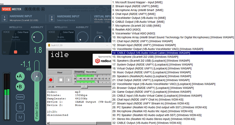 A screengrab showing the dropdown of input options for the broadcasting software, BUTT.