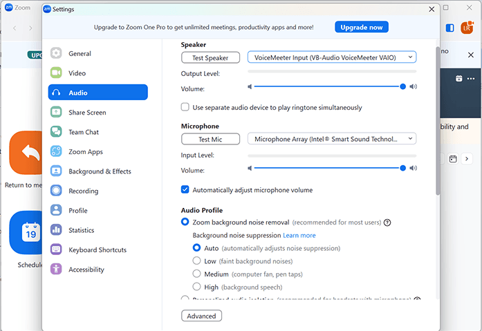 A screengrab showing the audio settings within the video call application, Zoom.