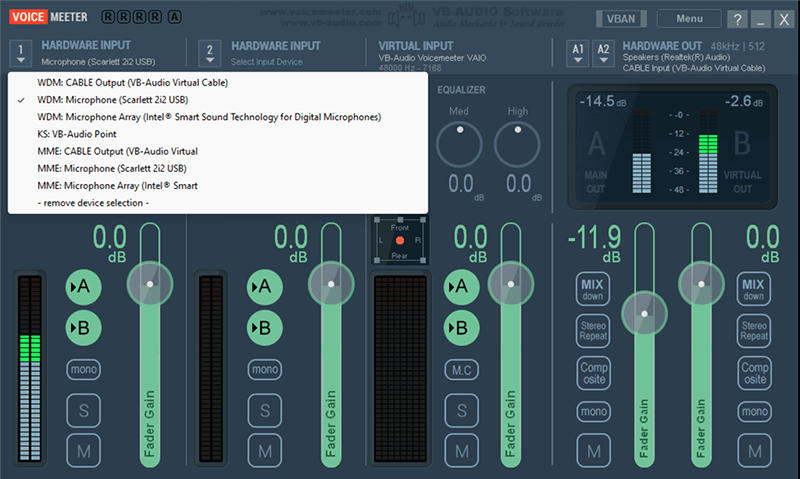 A screengrab showing the dropdown of hardware devices within Voicemeeter.