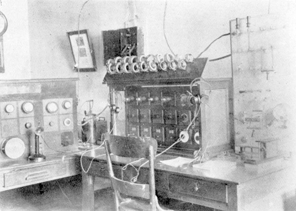 ALT: A black and white archival photo of the WEW radio transmitter, circa 1922