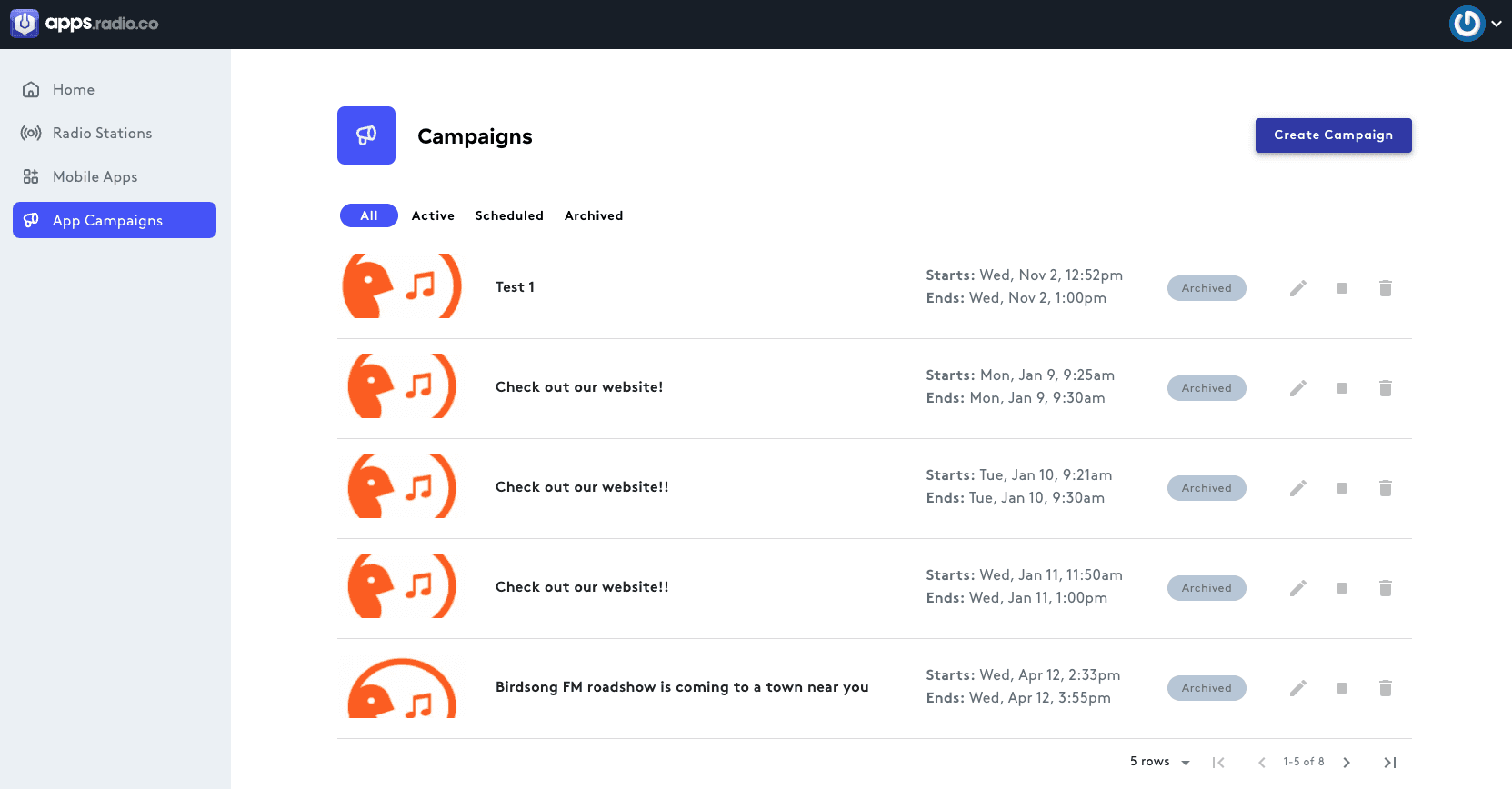 All live, scheduled, and archived campaigns.