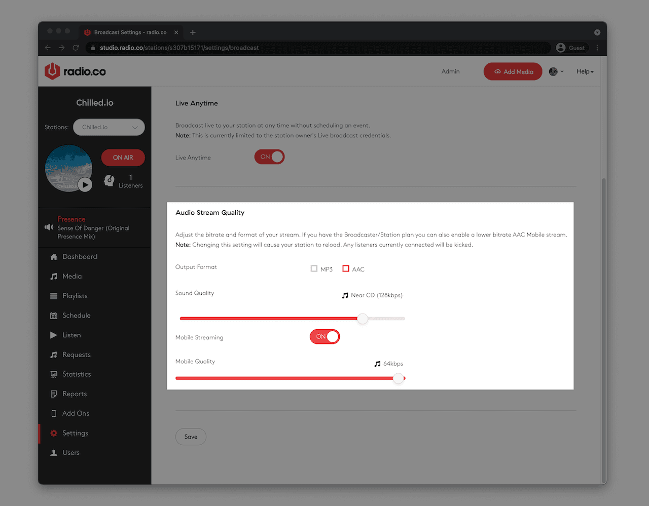 Radio.co audio quality settings