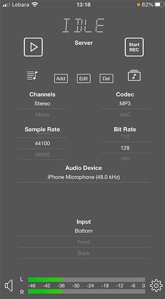 The home screen of the iziCast app, which includes various settings like selecting CODEC, Bit Rate, Sample Rate & Audio Devices.