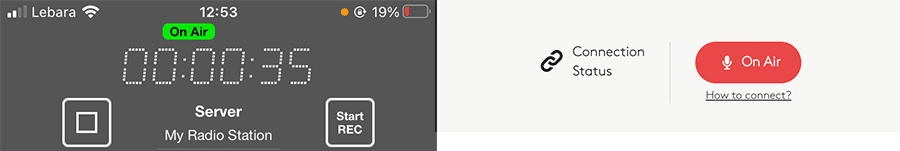 A green 'On Air' button appears in iziCast once you're live, and in the Radio.co dashboard the red button switches to say 'On Air'