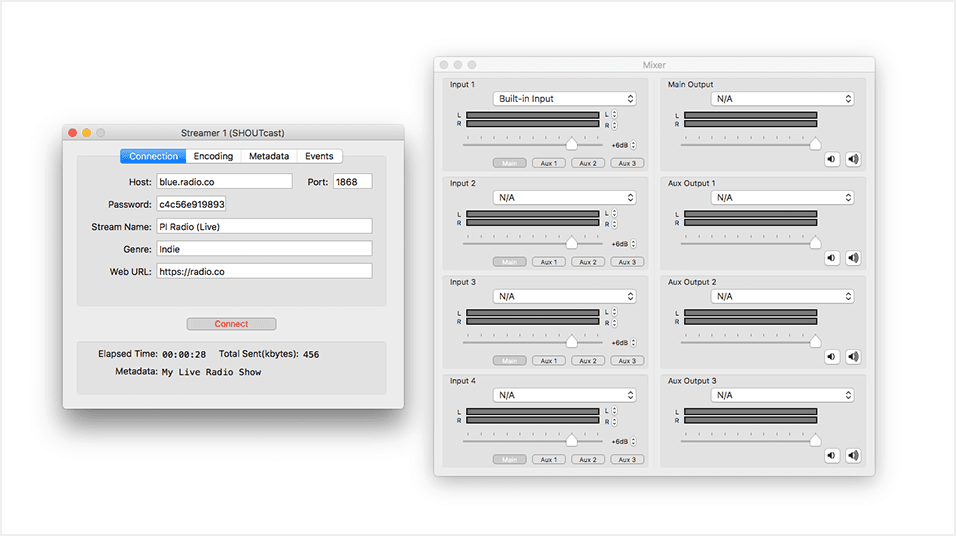 Two screenshots: one of the LadioCast settings window, the other of the input and output device control window.