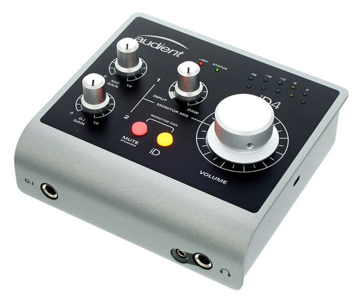 The Audient iD4 audio interface, a black box style interface with a curved side and dials on the top of the box.