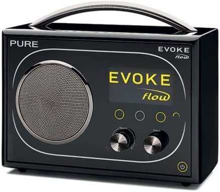 A black box shaped internet radio. On the front face of the radio is a small screen, two dials, three buttons and a speaker. It has the wording PURE on the front of the radio, and the words 