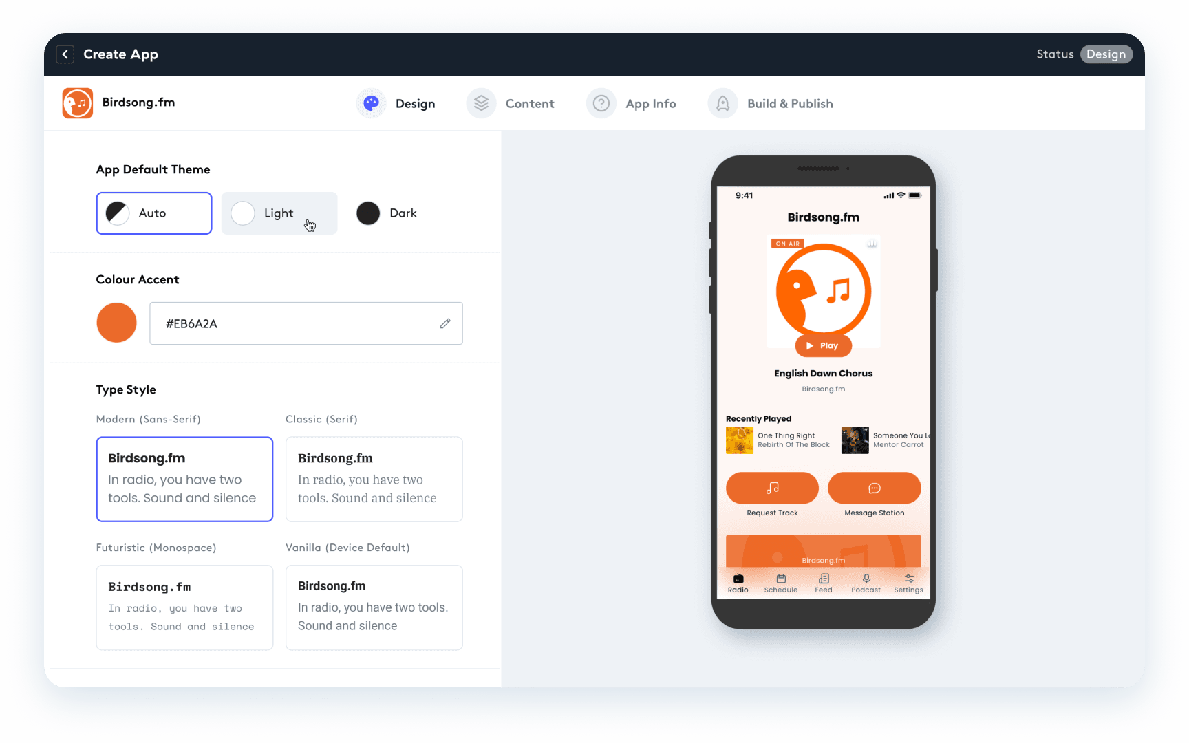 A screenshot showing Radio.co's radio app builder, in the "design" stage.