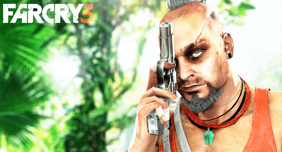 A still of the character Vaas Montenegro, from the game Far Cry 3. Vaas Montenegro is seemingly in a rainforest or jungle and is holding a handgun up.