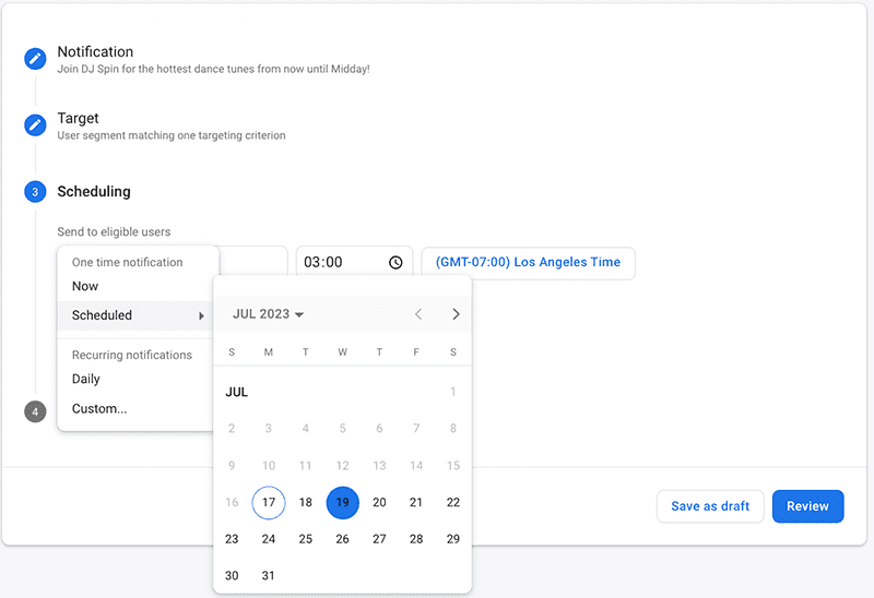 A screenshot showing the scheduling section for push notifications in Firebase.