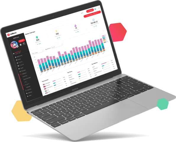 A graphic showing a laptop, with the Radio.co statistics page showing, and some coloured hexagons around the laptop for decoration.