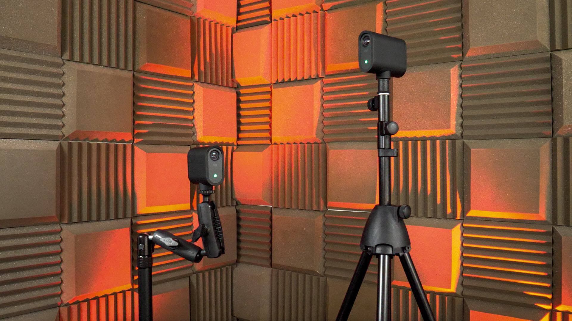 Logitech Mevo cameras and stands.