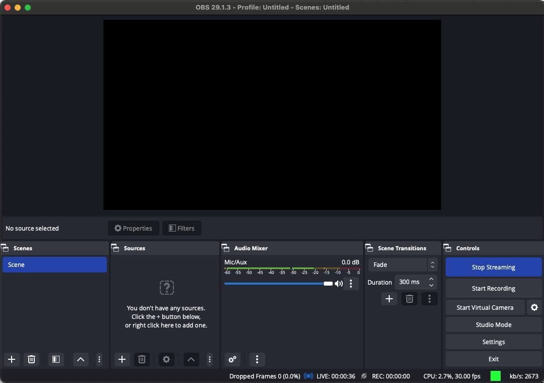 OBS connected to a streaming destination.