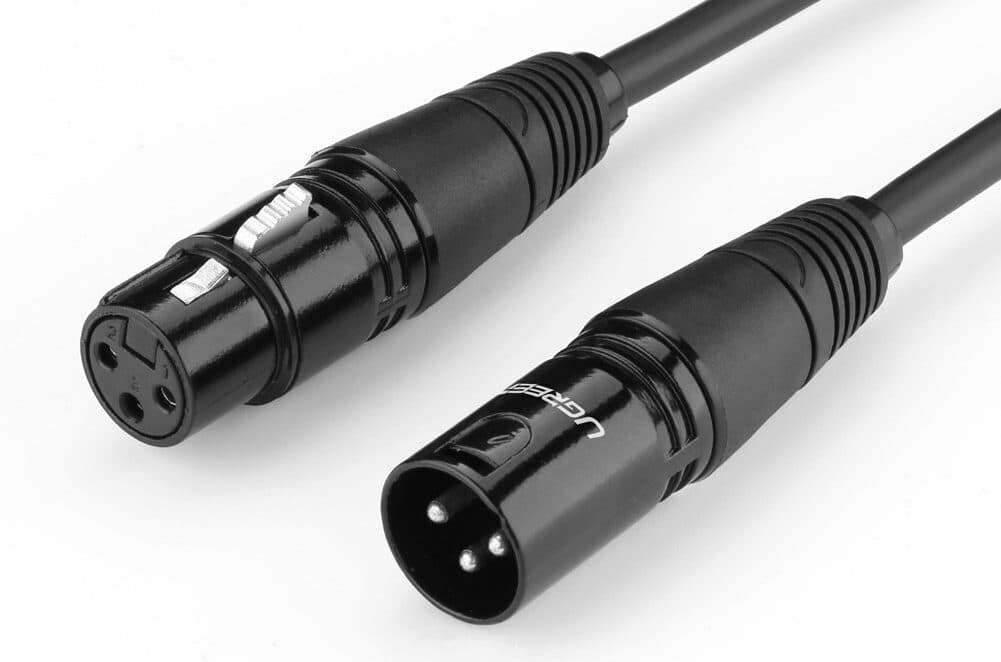 The male and female ends of an XLR cable, side by side.
