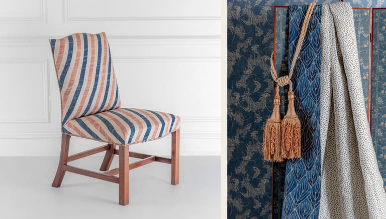 Chair and Fabrics Robert Kime Tory Burch Nara Collection Chelsea Textiles