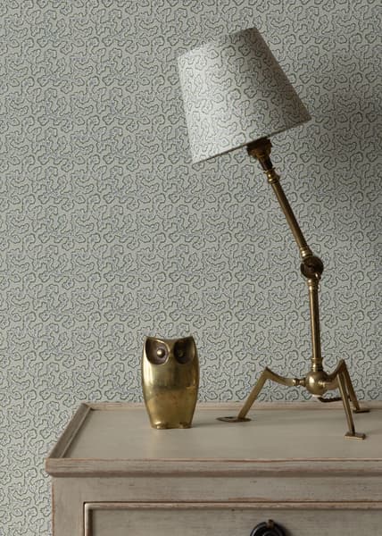 WCT001 03 Closeup with Lamp – Sea Meadow Wallpaper in Antique Blue